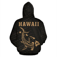Polynesian Kakau Hammerhead Shark Map of Hawaii Zip Hoodie Gold - Polynesian Pride