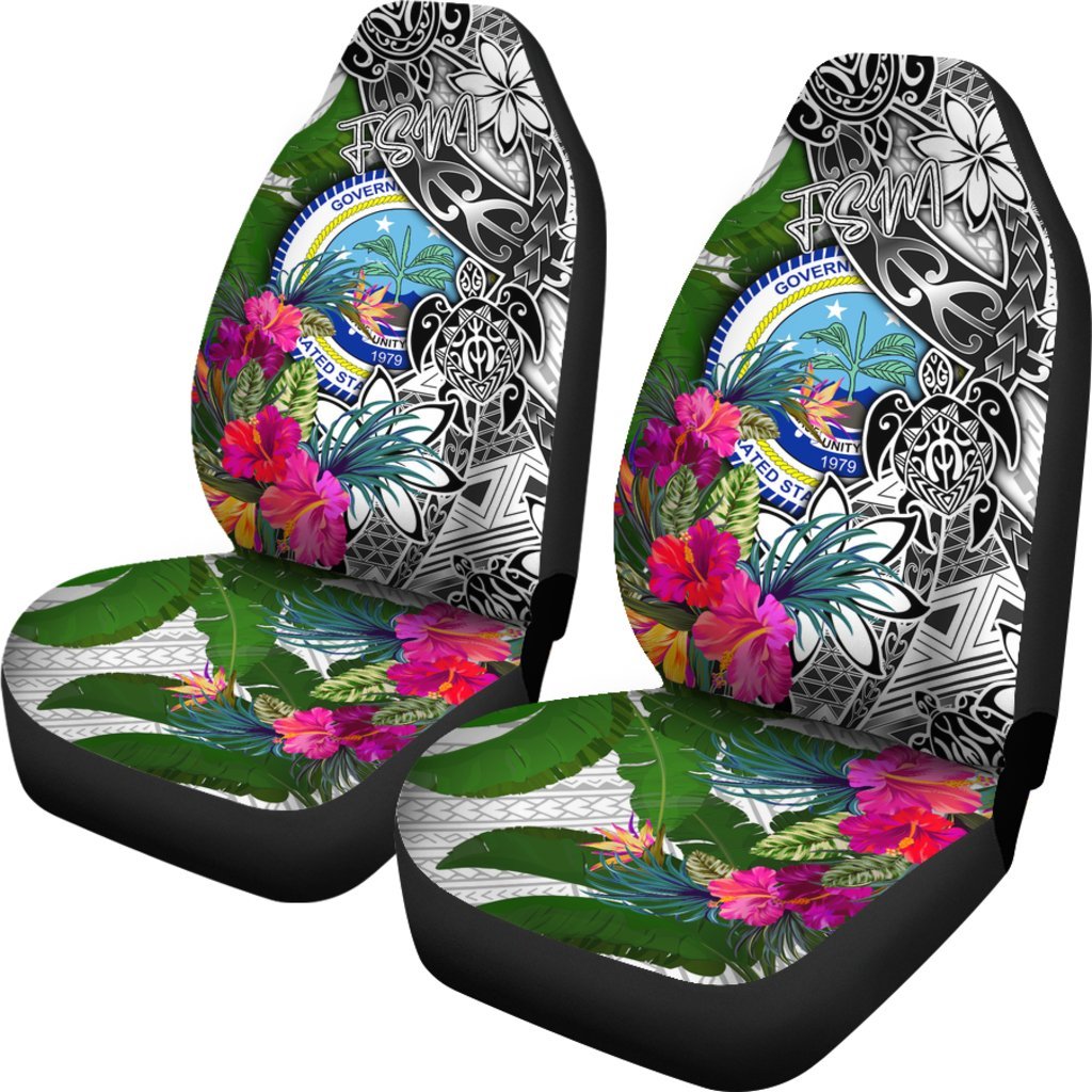 Federated States of Micronesia Car Seat Covers White - Turtle Plumeria Banana Leaf - Polynesian Pride