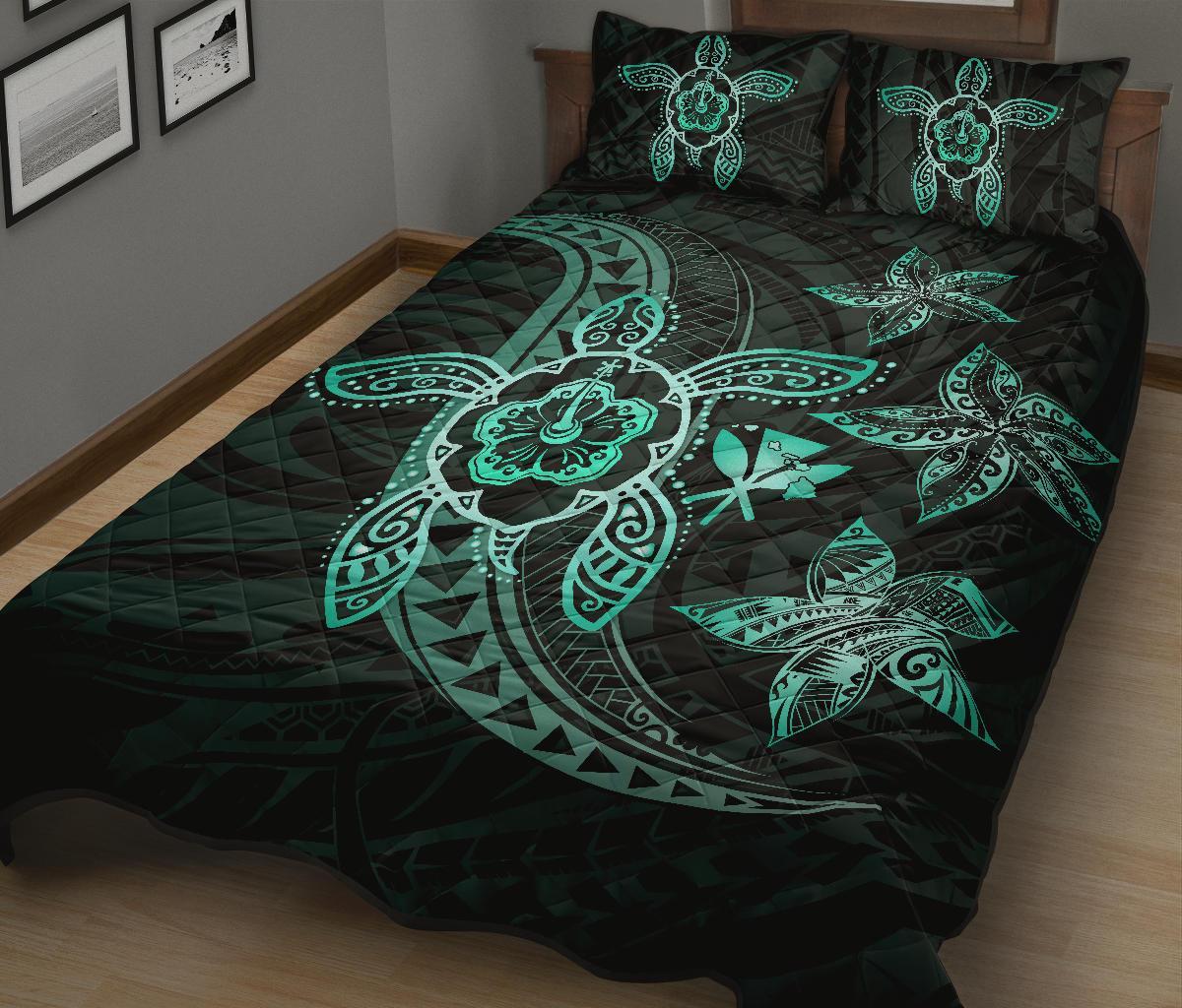 Kanaka Map Hibiscus Plumeria Turtle Art Turquoise Polynesian Quilt Bed Set - Polynesian Pride