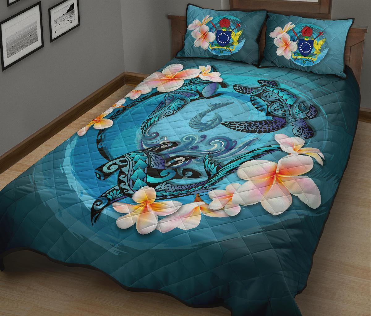 Cook Islands Polynesian Quilt Bed Set - Blue Plumeria Animal Tattoo - Polynesian Pride