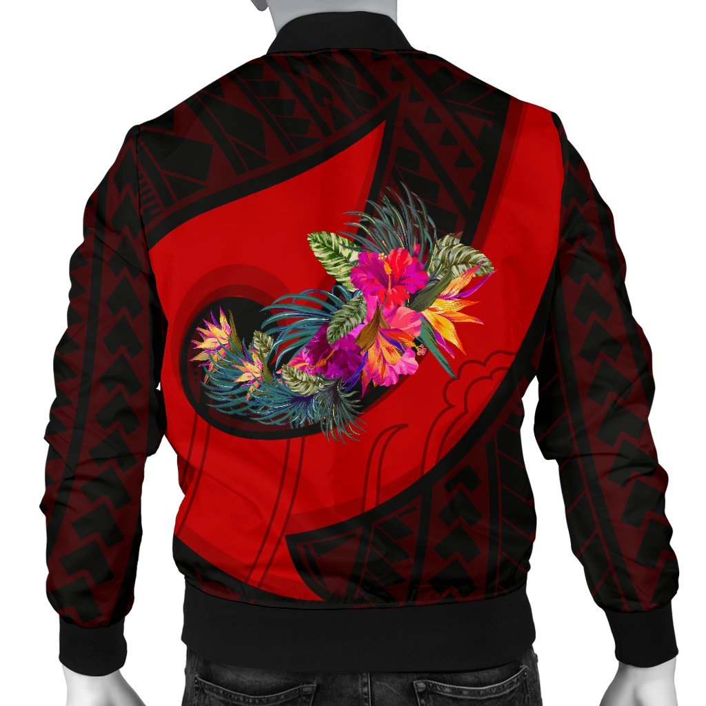 Papua New Guinea Men's Bomber Jacket - Polynesian Hook And Hibiscus (Red) - Polynesian Pride