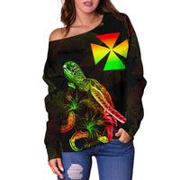 Wallis and Futuna Polynesian Women's Off Shoulder Sweater - Turtle With Blooming Hibiscus Reggae - Polynesian Pride