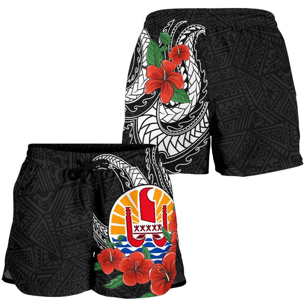 Tahiti Polynesian Women Shorts - Hibiscus Coat of Arm Black - Polynesian Pride