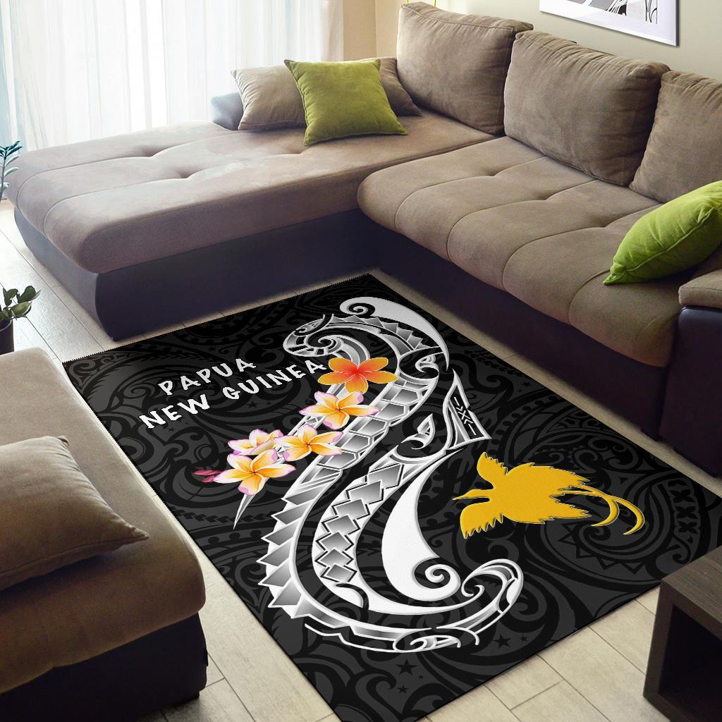 Papua New Guinea Area Rug - PNG Seal Polynesian Patterns Plumeria (Black) - Polynesian Pride