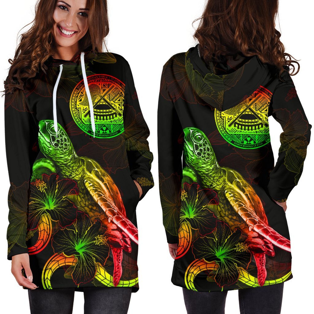 American Samoa Polynesian Hoodie Dress - Turtle With Blooming Hibiscus Reggae - Polynesian Pride