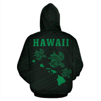 Polynesian Kakau Three Turtles Map of Hawaii Zip Hoodie Green - Polynesian Pride