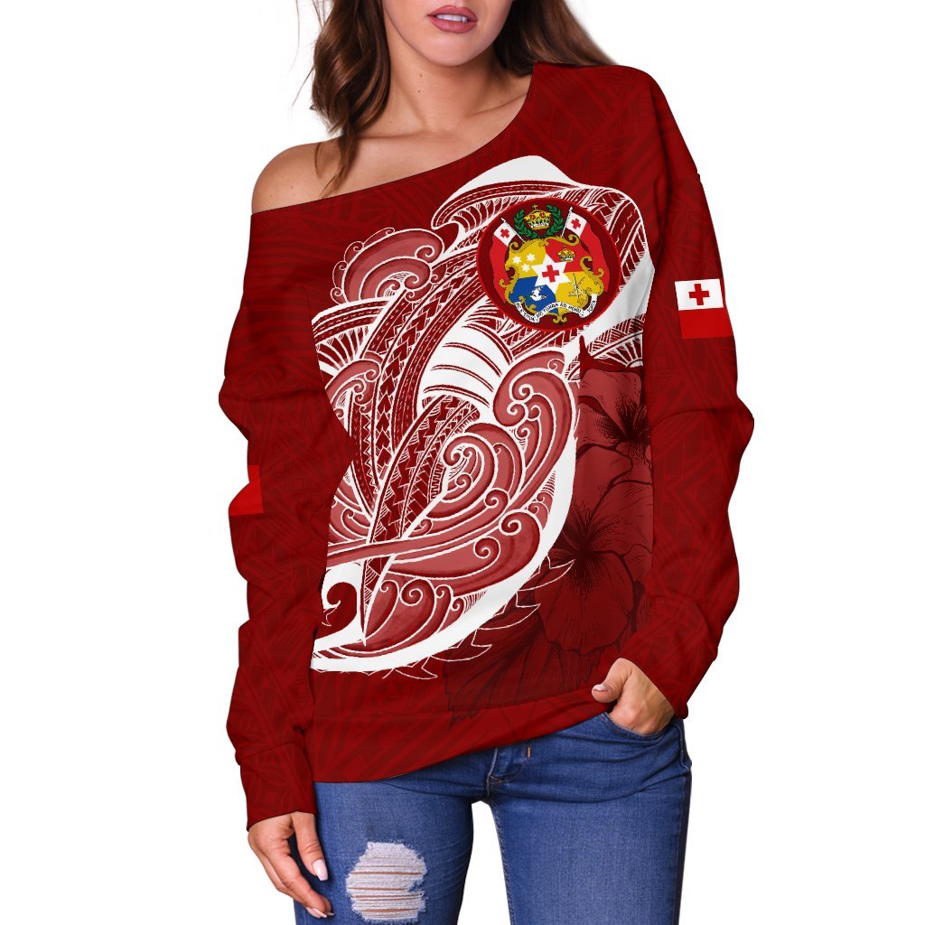 Tonga Women'S Off Shoulder Sweater Shark Coat Of Arms - Polynesian Pride