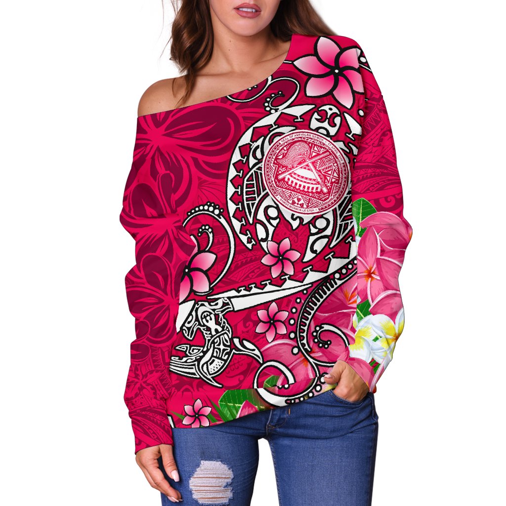 American Samoa Polynesian Women's Off Shoulder Sweater - Turtle Plumeria (Pink) - Polynesian Pride