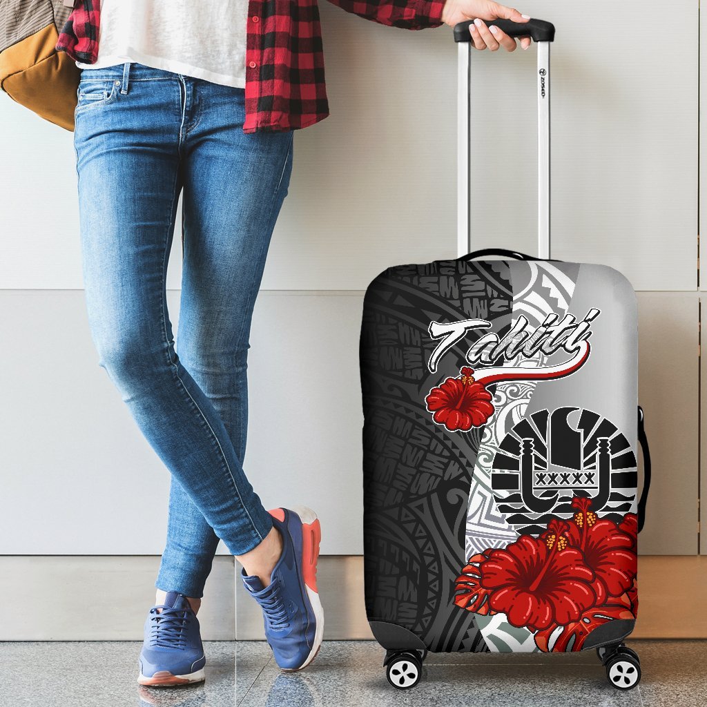 Tahiti Polynesian Luggage Covers - Coat Of Arm With Hibiscus White - Polynesian Pride