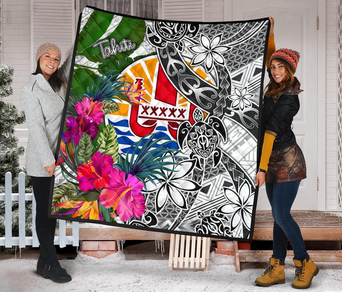 Tahiti Premium Quilt White - Turtle Plumeria Banana Leaf - Polynesian Pride