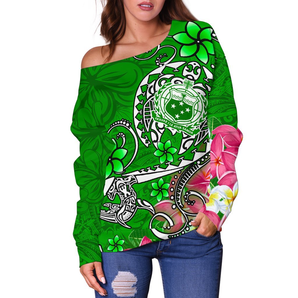 Samoa Women's Off Shoulder Sweater - Turtle Plumeria (Green) - Polynesian Pride
