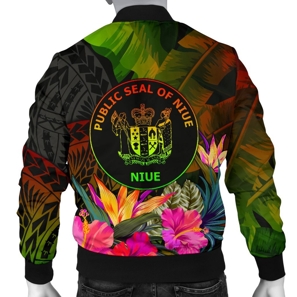 Niue Polynesian Men's Bomber Jacket - Hibiscus and Banana Leaves - Polynesian Pride