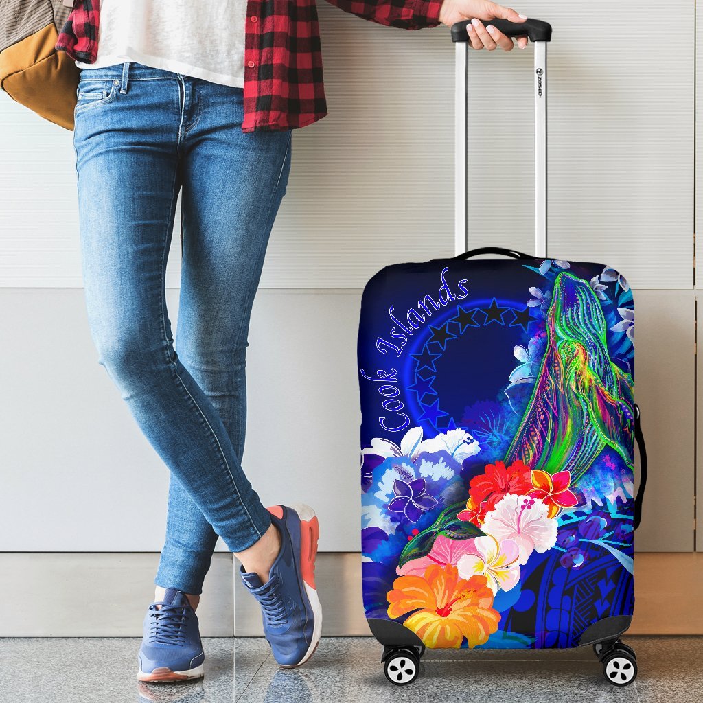 Cook Islands Luggage Covers - Humpback Whale with Tropical Flowers (Blue) Blue - Polynesian Pride