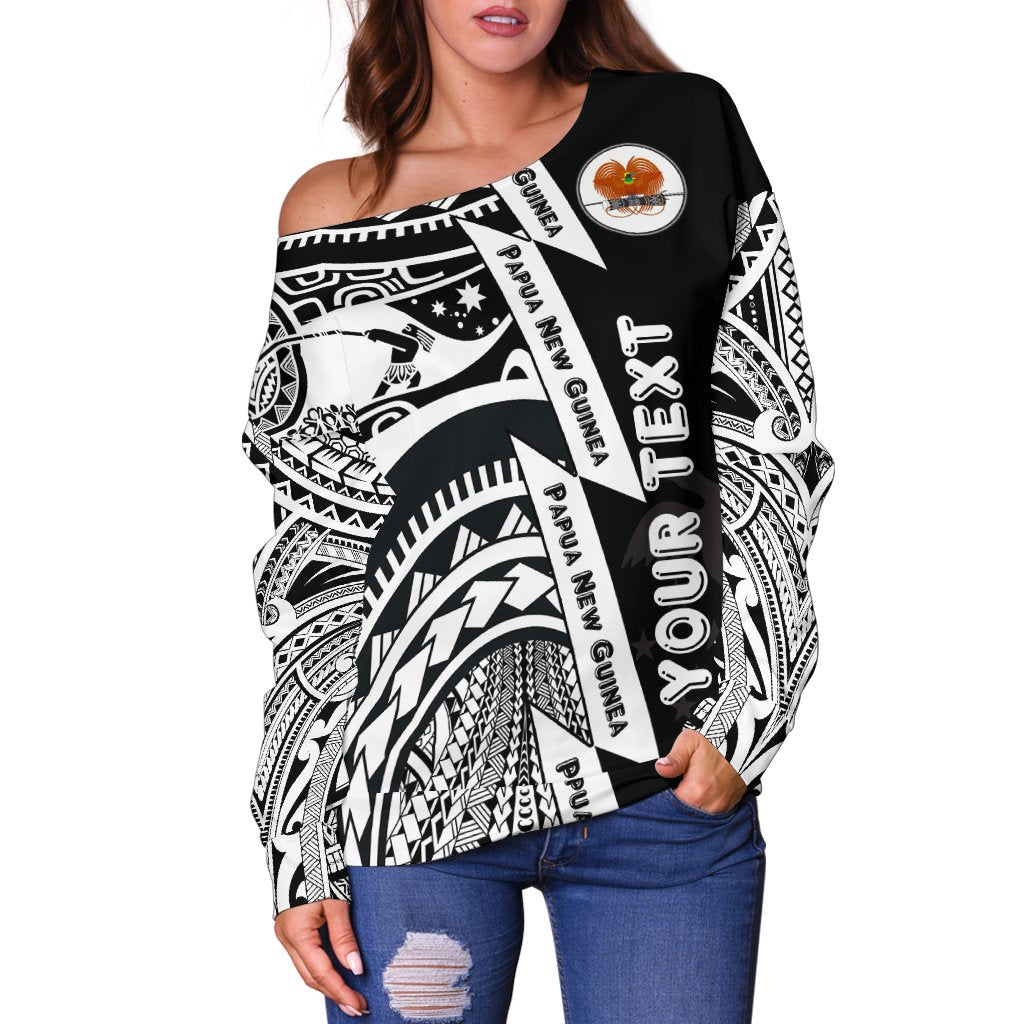 (Custom Personalised) Polynesian Guinea Women's Off Shoulder Sweaters - Moana Maui Tattoo With Coat Of Arm Guinea White - Polynesian Pride