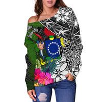 Cook Islands Off Shoulder Sweater - Turtle Plumeria Banana Leaf - Polynesian Pride