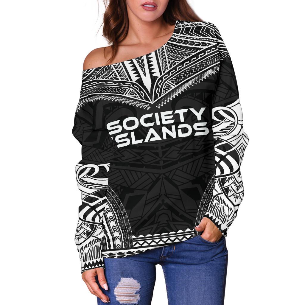 Society Islands Polynesian Chief Women's Off Shoulder Sweater - Black Version - Polynesian Pride