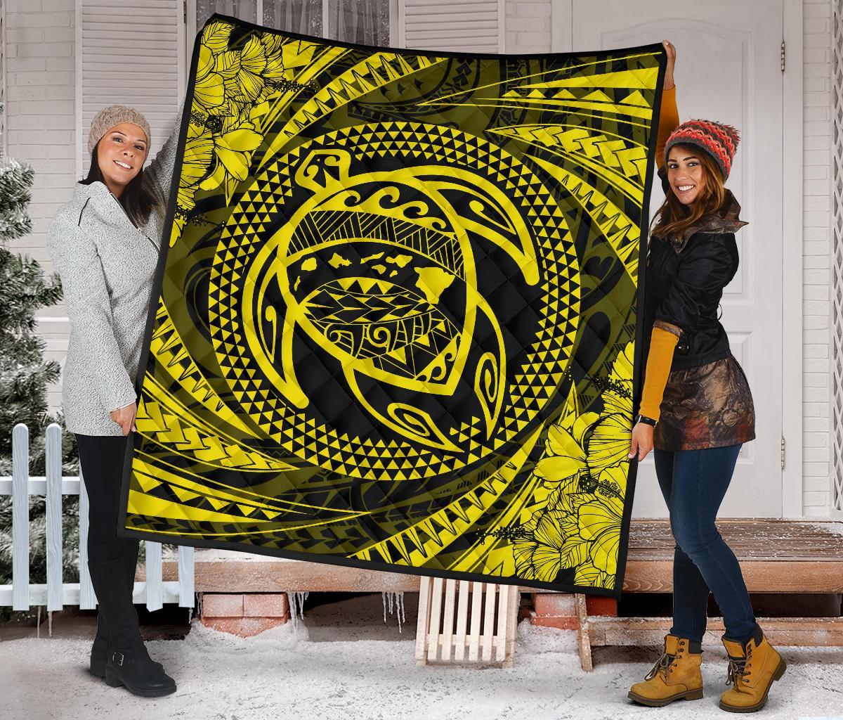 Hawaiian Kanaka Honu Hibiscus Tornando Yellow Polynesian Premium Quilt - Polynesian Pride