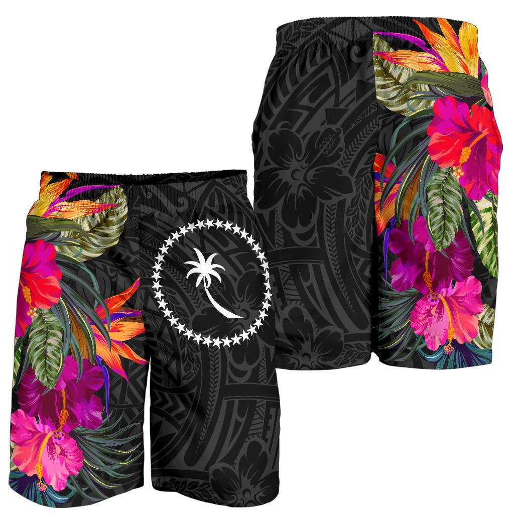 Chuuk All Over Print Men's Shorts - Polynesian Hibiscus Pattern Black - Polynesian Pride