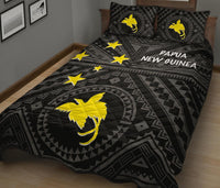 Papua New Guinea Quilt Bed Set - Flag With Polynesian Patterns (Black) - Polynesian Pride