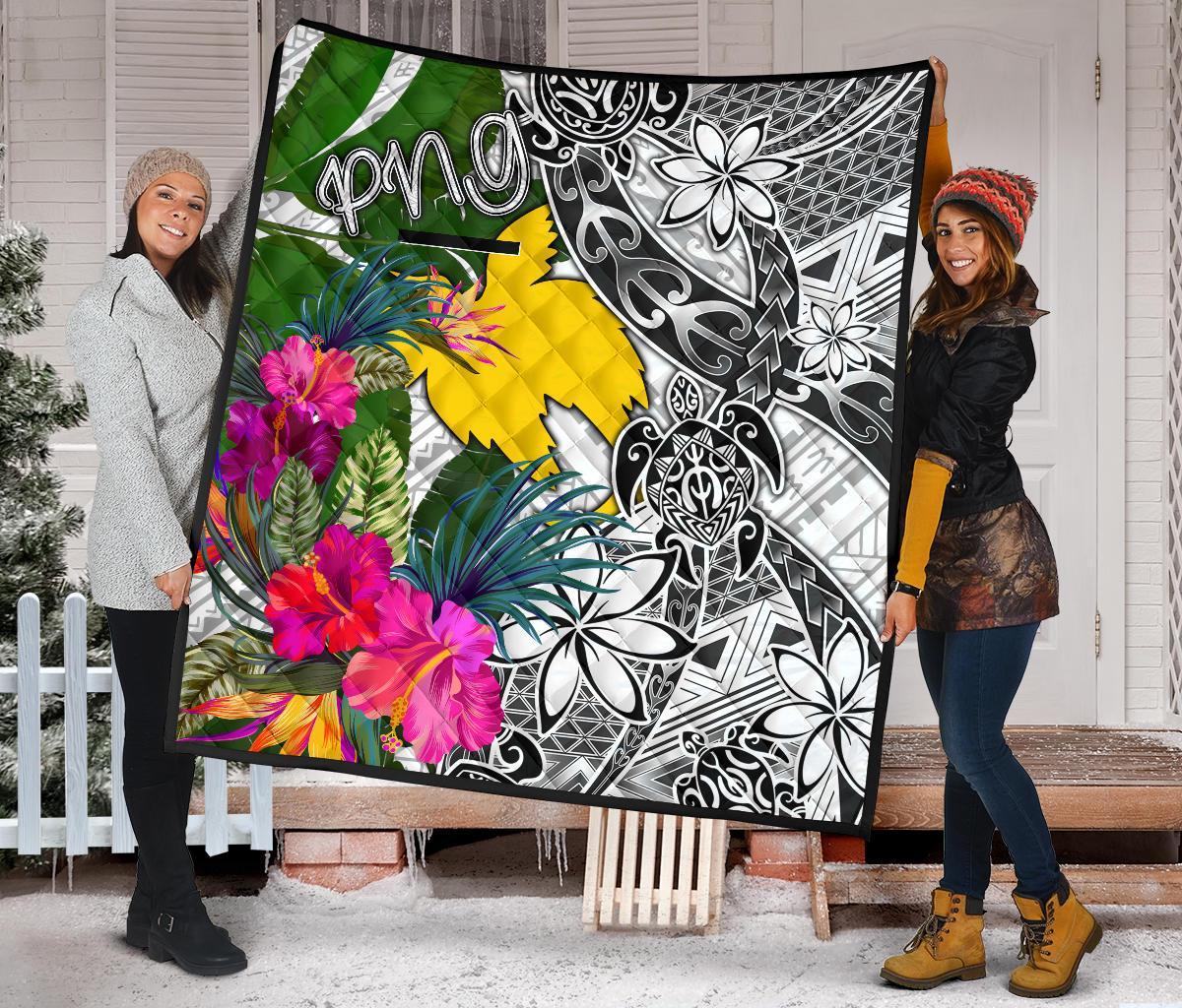 Papua New Guinea Premium Quilt White - Turtle Plumeria Banana Leaf - Polynesian Pride