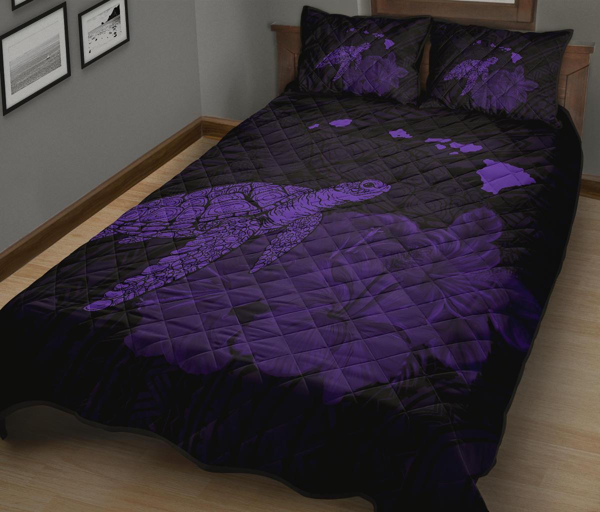 Hawaii Polynesian Hibiscus Turtle Map Quilt Bed Set - AH - Purple - Polynesian Pride