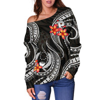 Pohnpei Micronesian Women Off Shoulder Sweater - Black Plumeria - Polynesian Pride