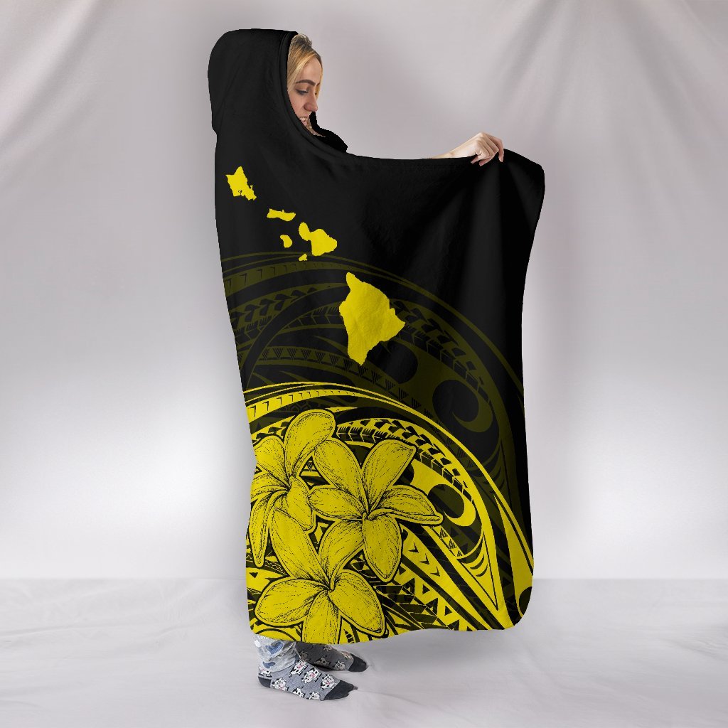 Hawaii Map Plumeria Polynesian Yellow Turtle Hooded Blanket - Polynesian Pride