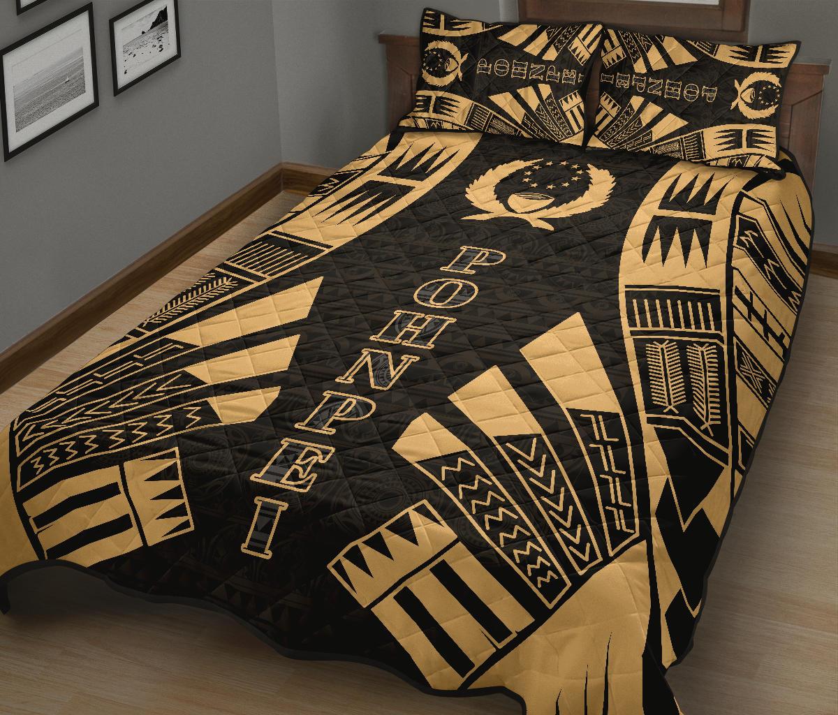 Pohnpei Quilt Bed Set - Pohnpei Flag Polynesian Yellow Tattoo Style - Polynesian Pride
