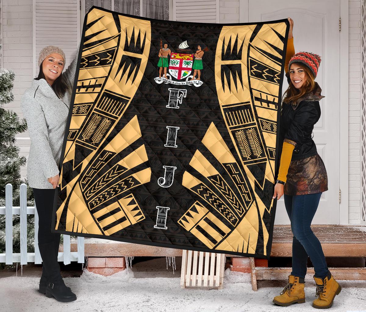 Fiji Premium Quilt - Fiji Coat Of Arms Polynesian Gold Tattoo - Polynesian Pride