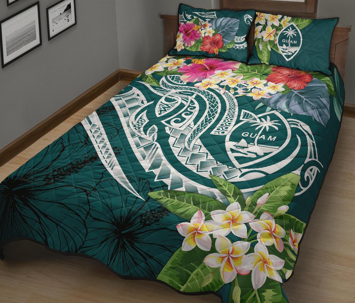 Guam Polynesian Quilt Bed Set - Summer Plumeria (Turquoise) - Polynesian Pride