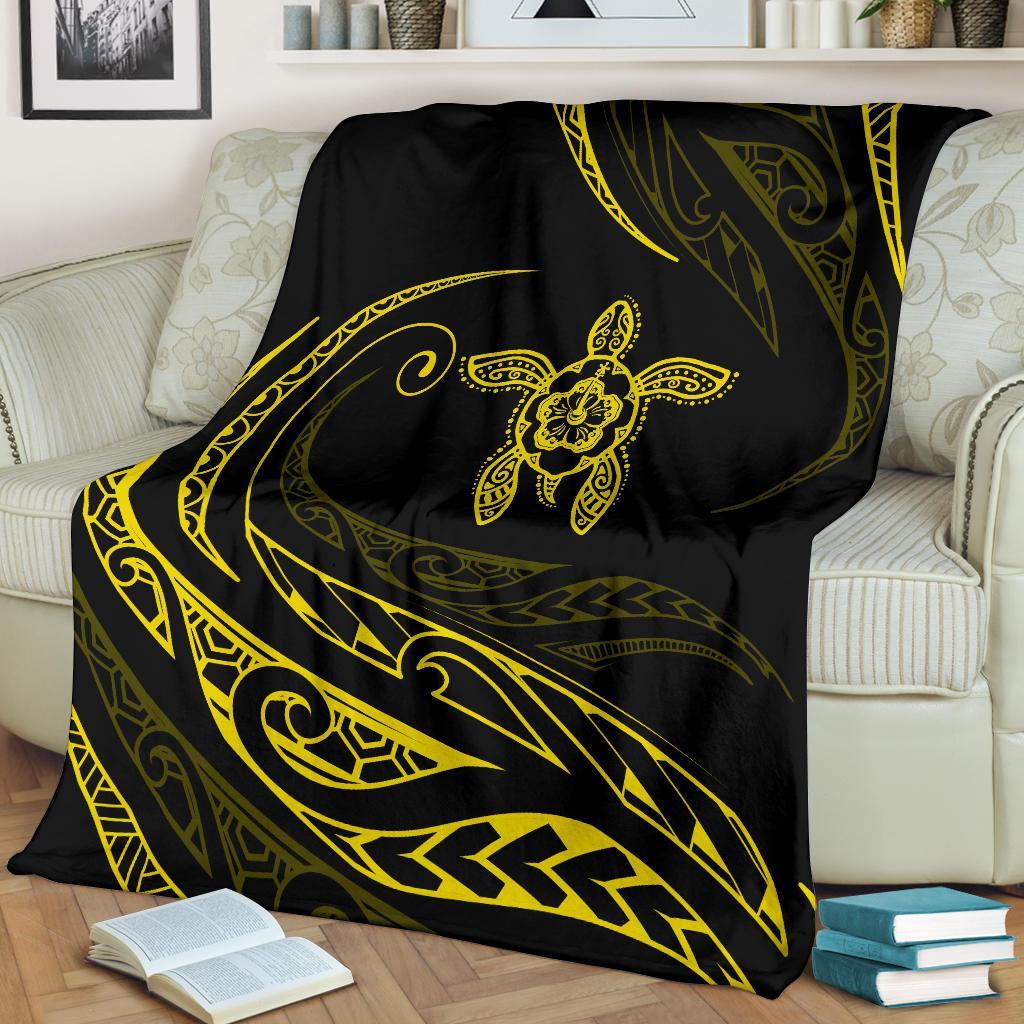 Hawaii Turtle Hibicus Premium Blanket - Frida Style - Yellow - Polynesian Pride