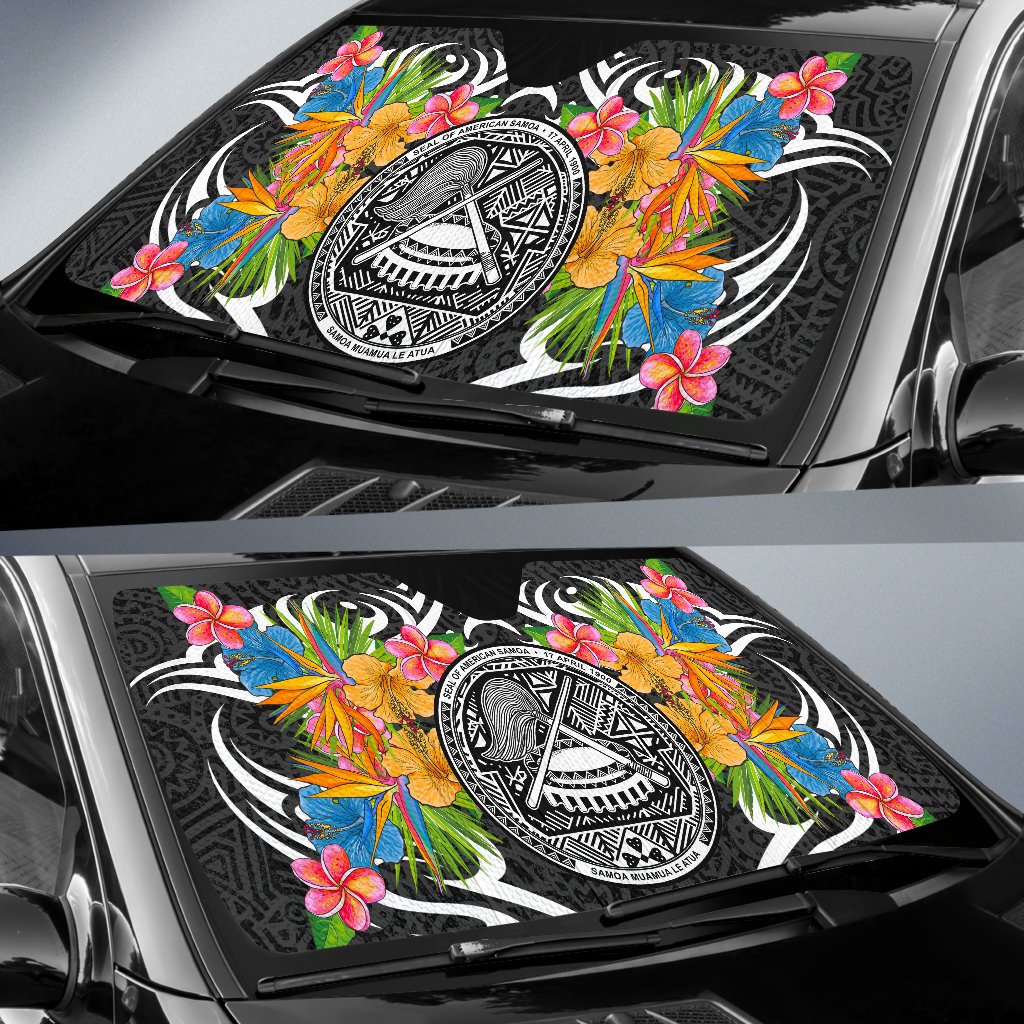 American Samoa Auto Sun Shades - Coat Of Arms With Tropical Flowers - Polynesian Pride