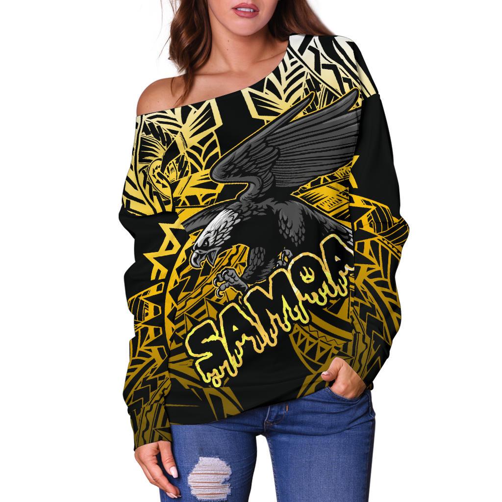 Samoa Polynesian Women's Off Shoulder Sweater - Eagle Tribal Pattern Yellow - Polynesian Pride