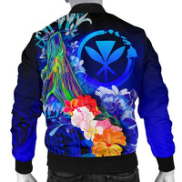Polynesian Hawaii Custom Personalised Men's Bomber Jacket - Kanaka Maoli Humpback Whale with Tropical Flowers (Blue) - Polynesian Pride