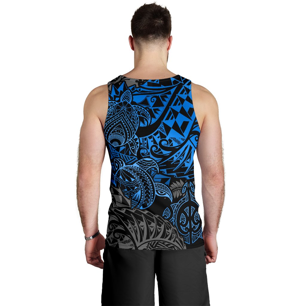 Tahiti Polynesian Men Tank Top - Blue Turtle Hibiscus Flowing - Polynesian Pride