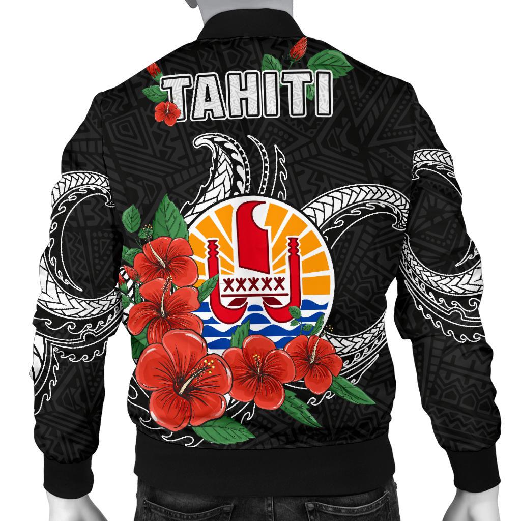 Tahiti Polynesian Men Bomber Jacket - Hibiscus Coat of Arm Black - Polynesian Pride