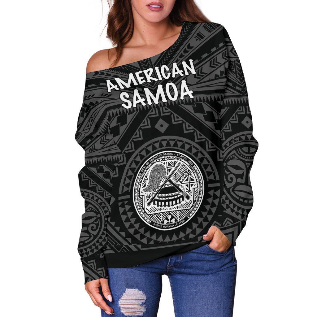 American Samoa Women's Off Shoulder Sweater - Seal In Polynesian Tattoo Style ( Black) - Polynesian Pride
