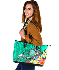 American Samoa Polynesian Large Leather Tote Bag - Turtle Plumeria (Turquoise) - Polynesian Pride