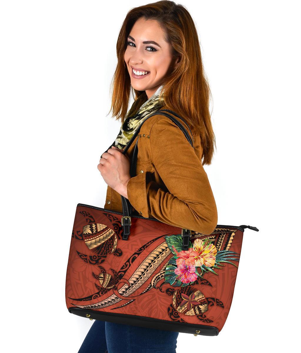 Polynesian Turtle Large Leather Tote - Tribal Tattoo With Hibiscus Coral - Polynesian Pride
