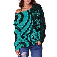 Fiji Polynesian Women Of Shoulder Sweater - Turquoise Tentacle Turtle Crest - Polynesian Pride