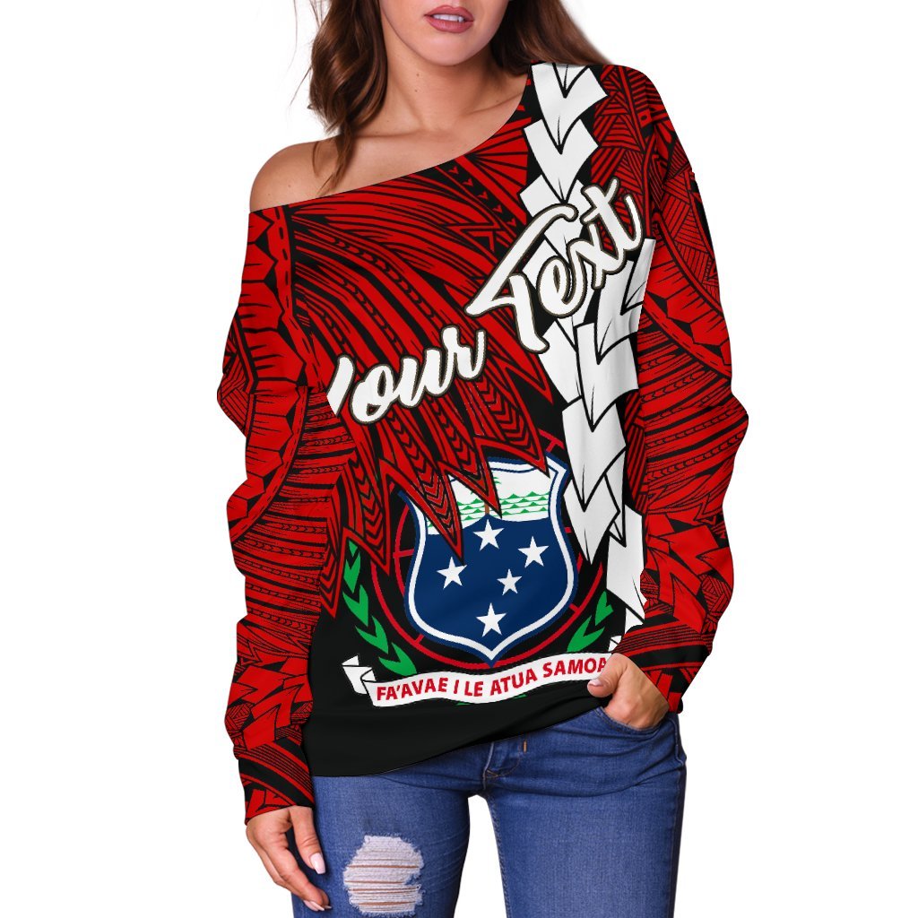 Samoa Polynesian Custom Personalised Women's Off Shoulder Sweater - Tribal Wave Tattoo Flag Color - Polynesian Pride