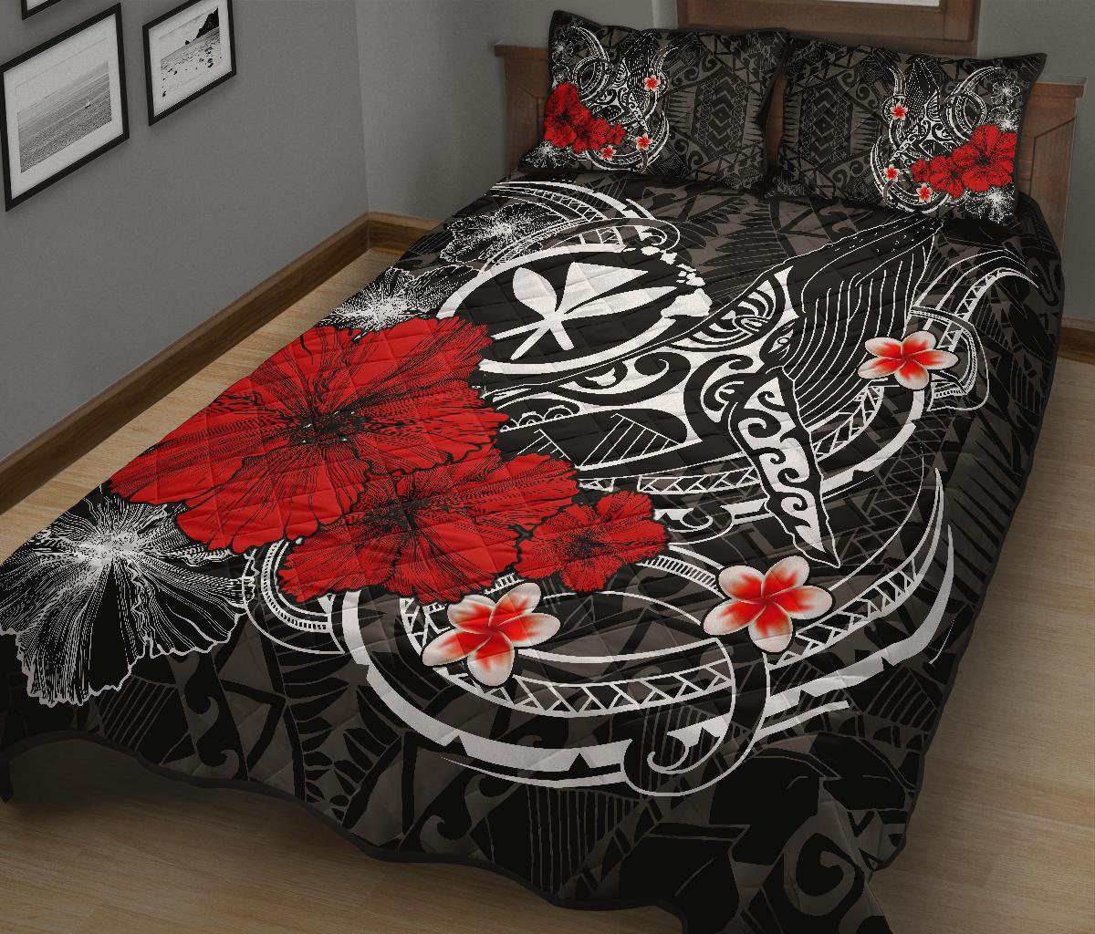 Polynesian Hawaii Kanaka Maoli Quilt Bed Set - Humpback Whale with Hibiscus (White) - Polynesian Pride