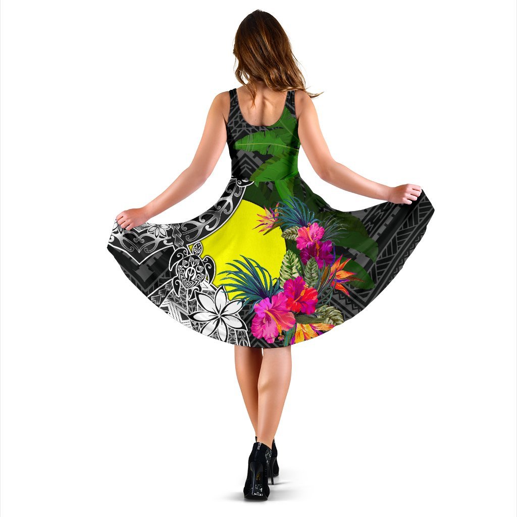 Palau Midi Dress - Turtle Plumeria Banana Leaf - Polynesian Pride