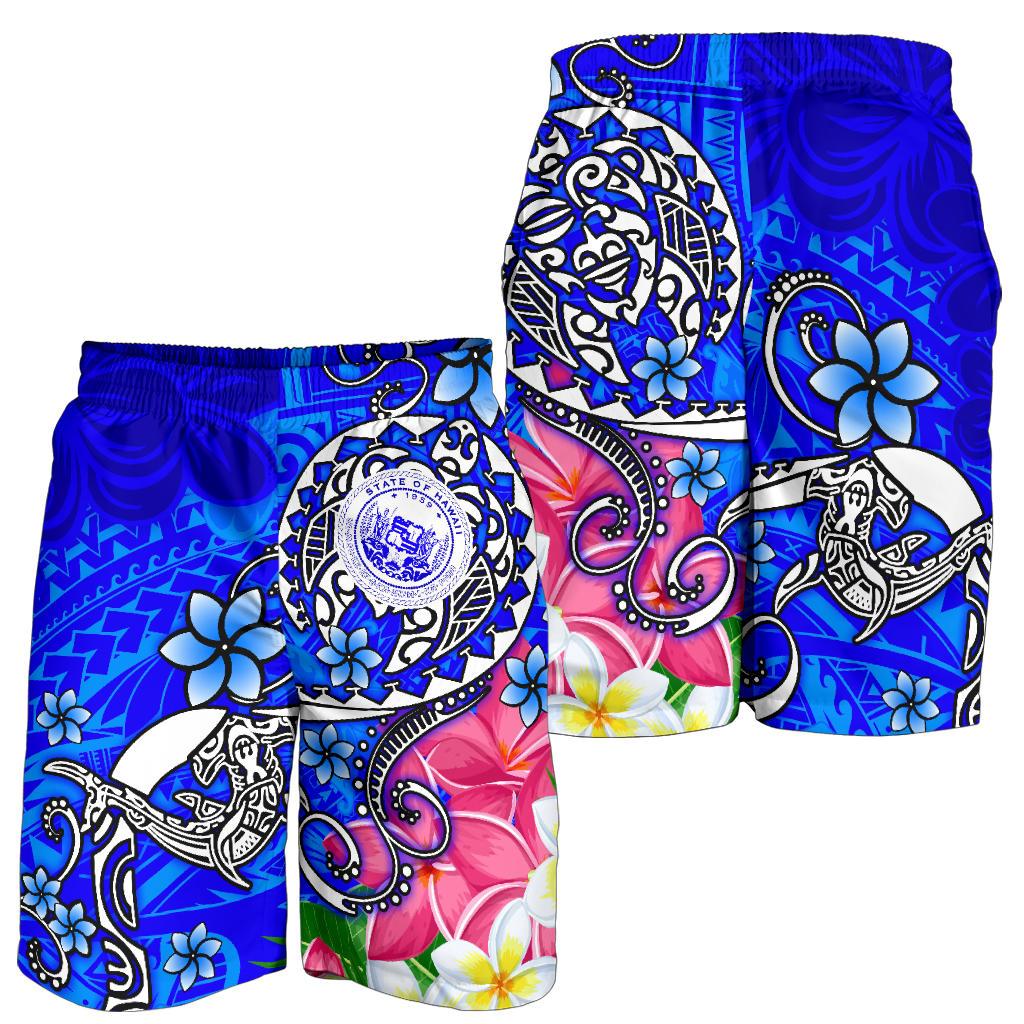 Hawaii Polynesian Men's Shorts - Hawaii Seal With Turtle Plumeria (Blue) - Polynesian Pride