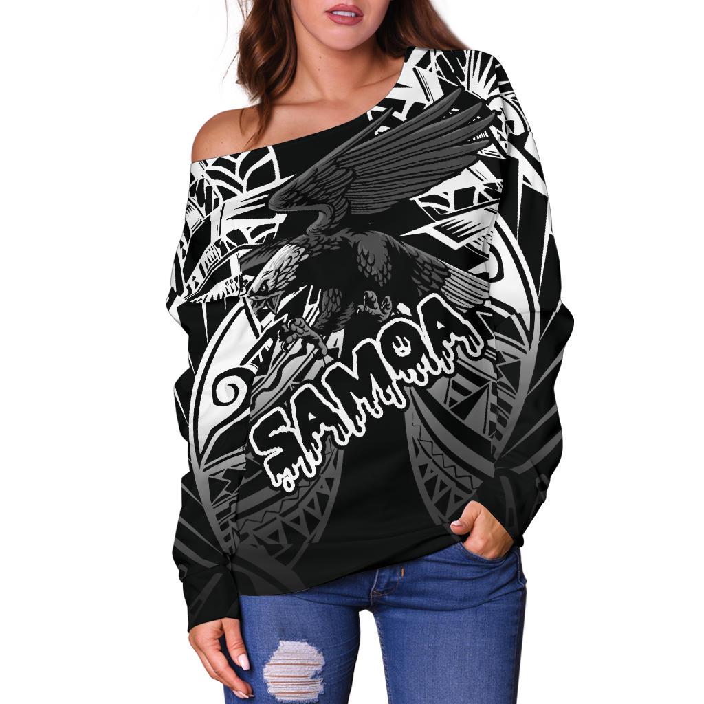 Samoa Polynesian Women's Off Shoulder Sweater - Eagle Tribal Pattern Black - Polynesian Pride