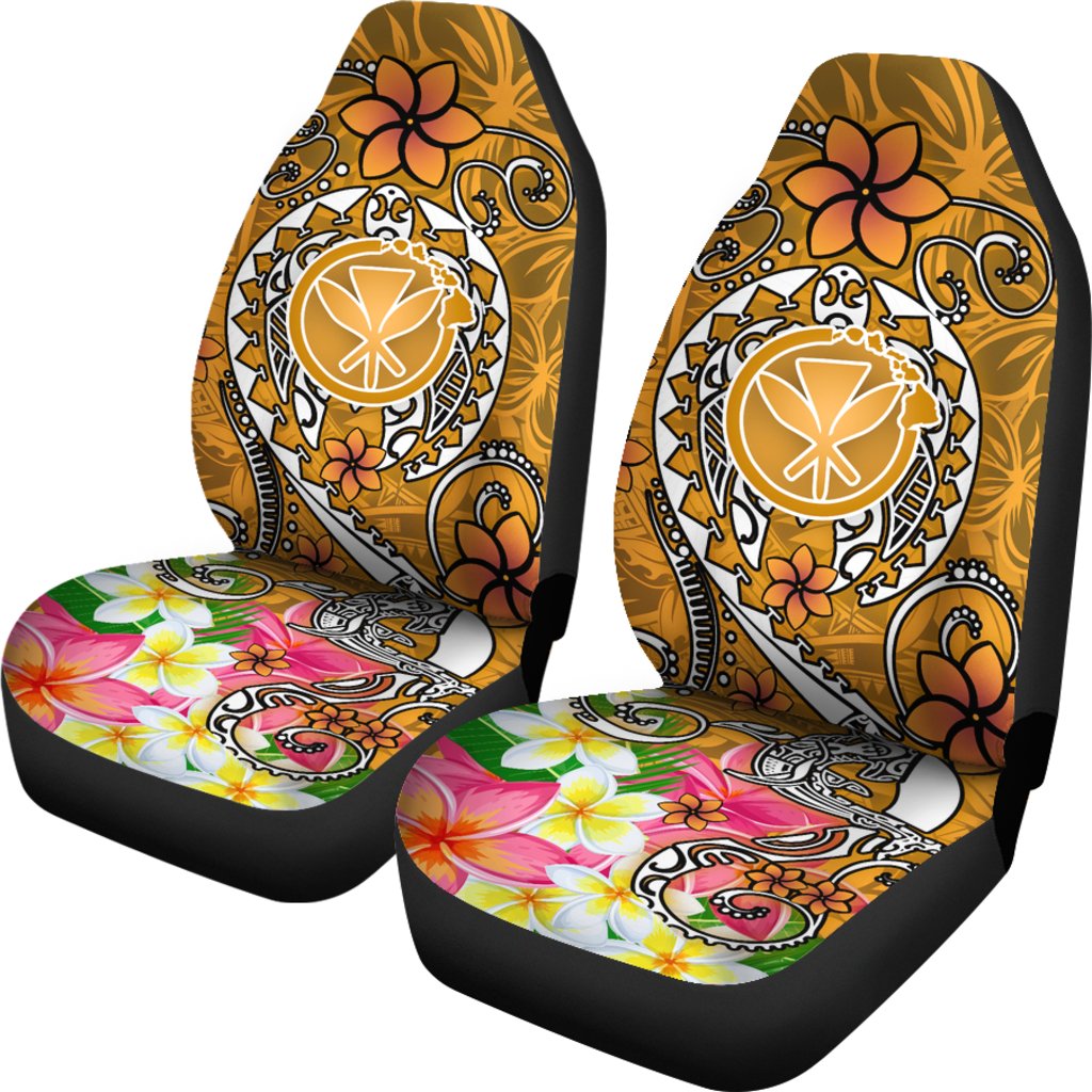 Hawaii Car Seat Covers - Turtle Plumeria Polynesian Tattoo Gold Color - Polynesian Pride