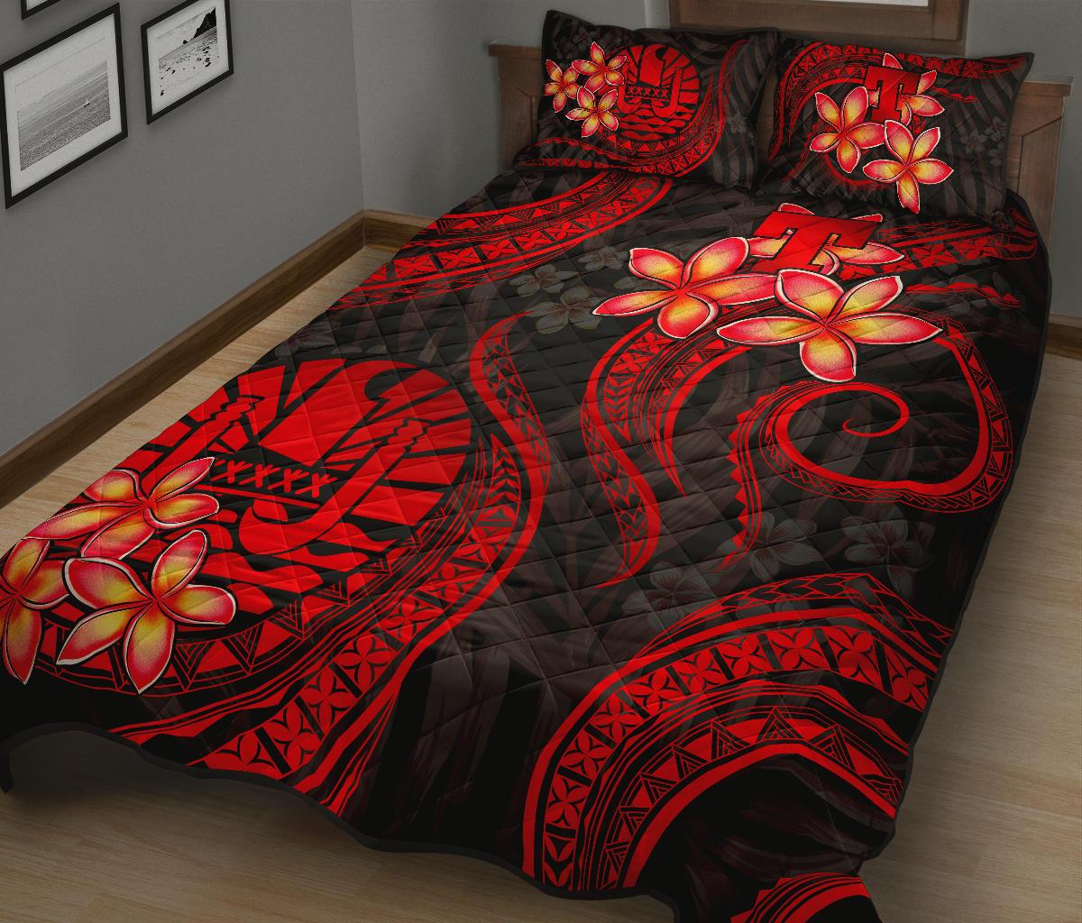 Tahiti Polynesian Quilt Bed Set - Red Plumeria - Polynesian Pride
