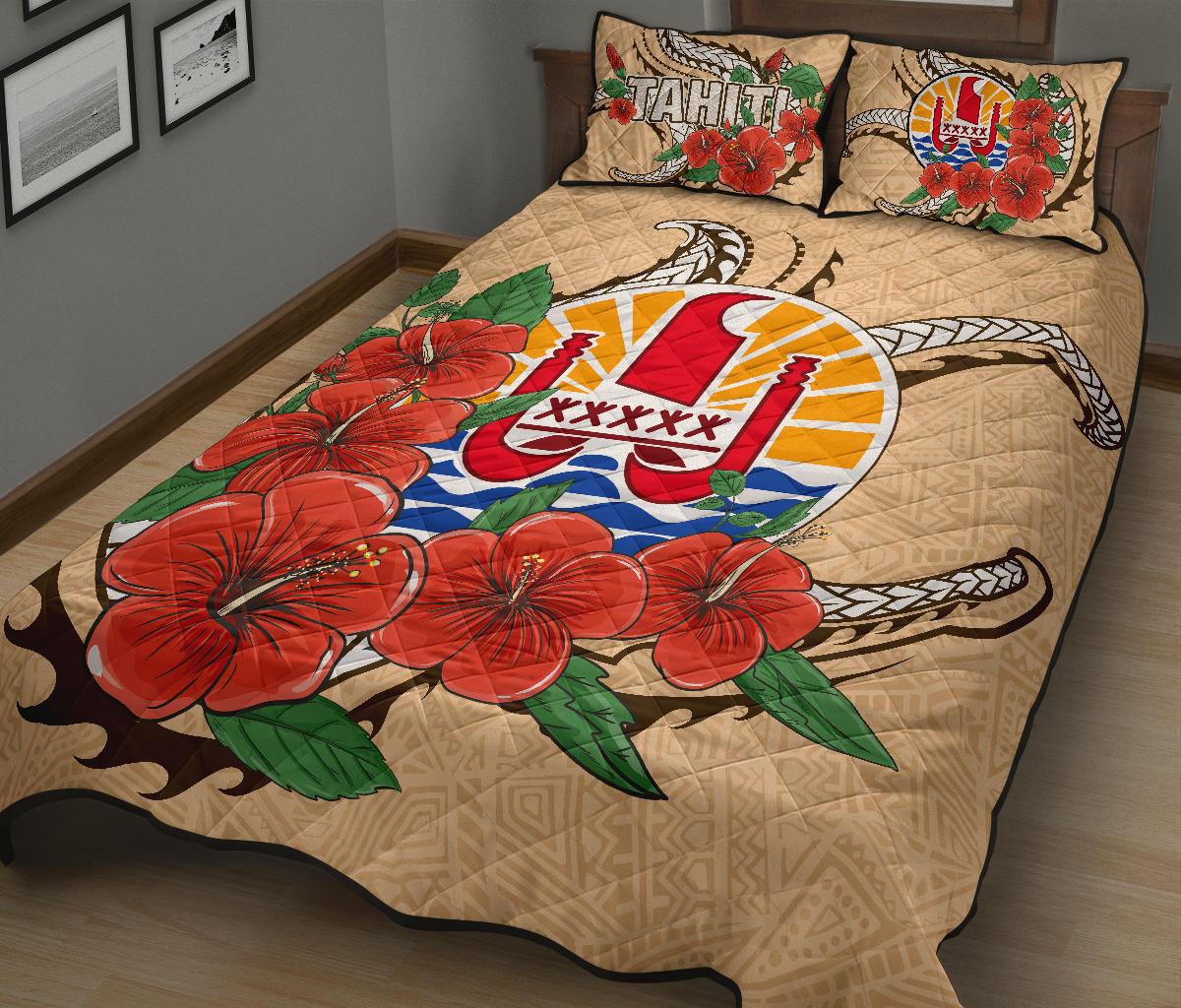 Tahiti Polynesian Quilt Bed Set - Hibiscus Coat of Arm Beige - Polynesian Pride