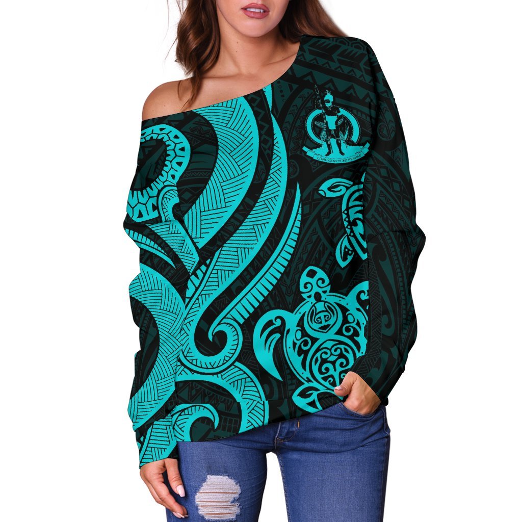 Vanuatu Women's Off Shoulder Sweater - Turquoise Tentacle Turtle - Polynesian Pride