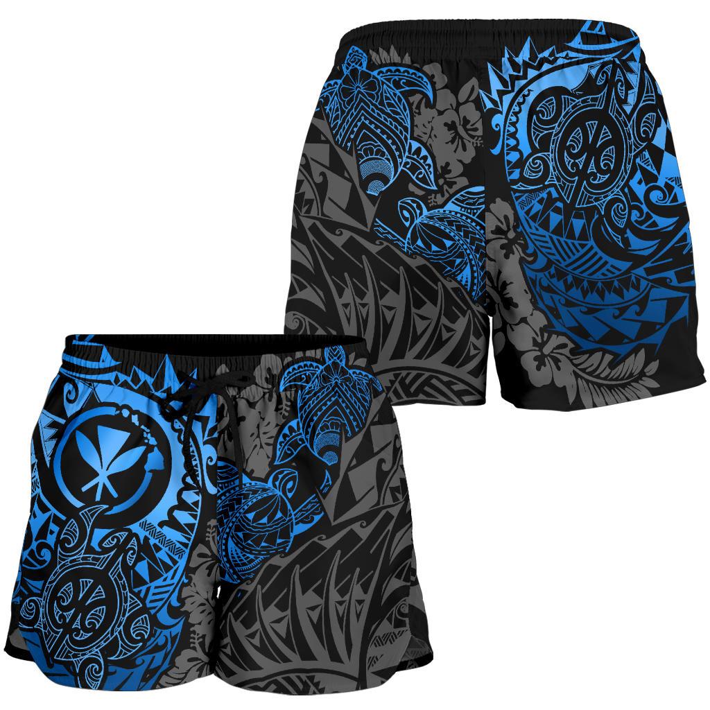Polynesian Hawaii (Kanaka Maoli) Women's Short - Blue Turtle Hibiscus Flowing - Polynesian Pride